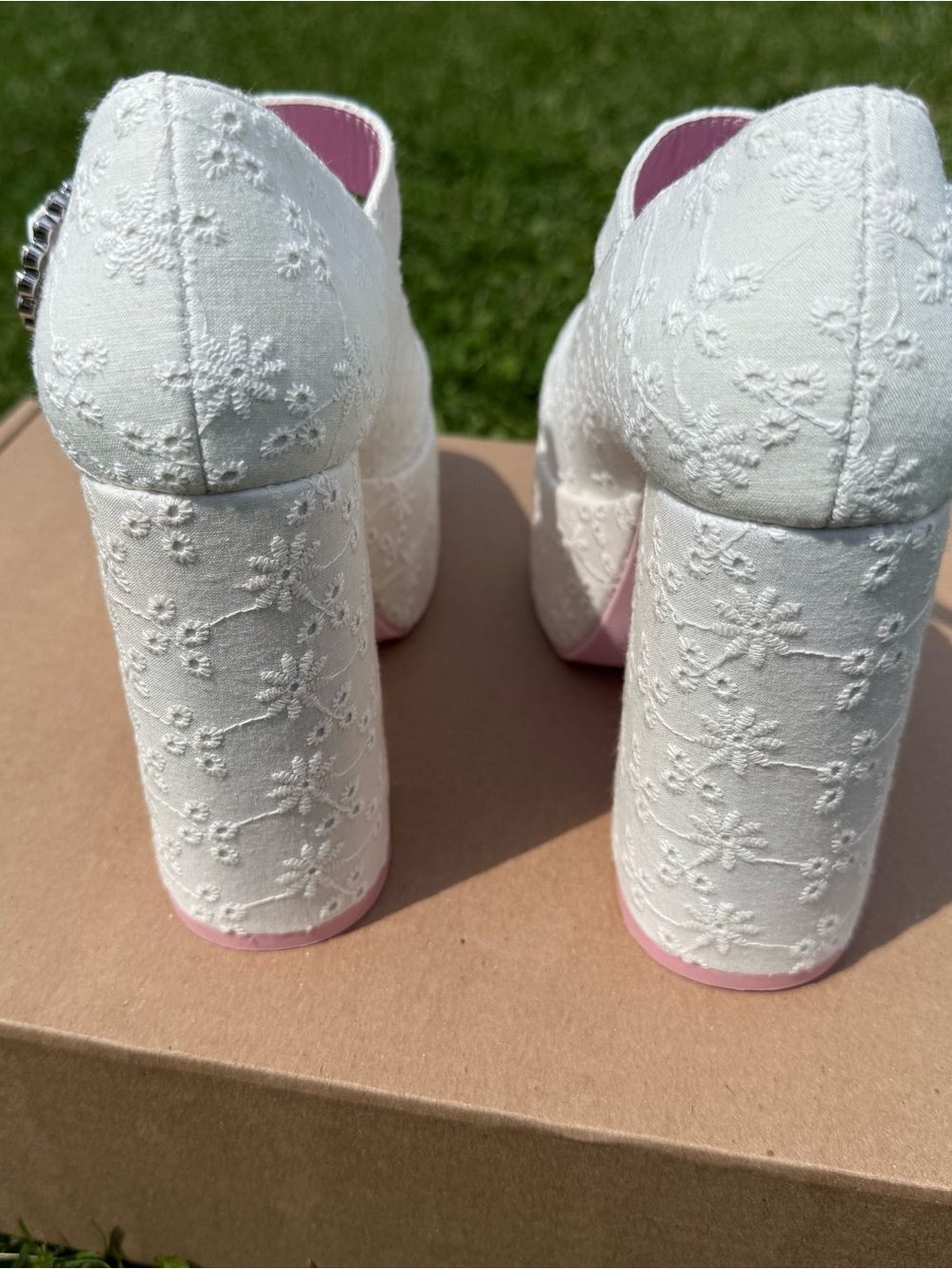 Sugar Thrillz White Lace Platform Mary Jane Heels with Rhinestone Buckle - Picture 7 of 7